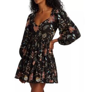 Mille Sigrid St Germain Black Cotton Floral Balloon Sleeve Mini Dress M